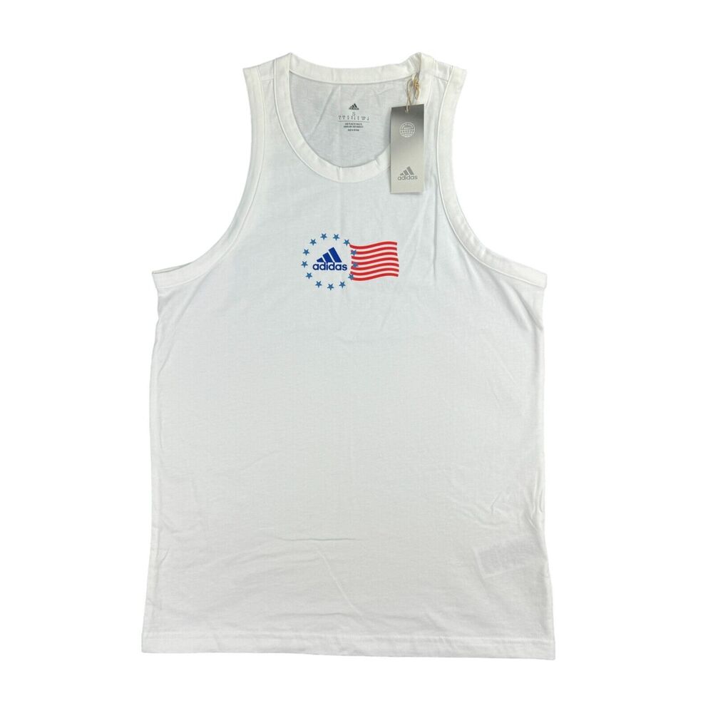 Adidas Mens American Flag Logo Graphic Tank Top Shirt White S